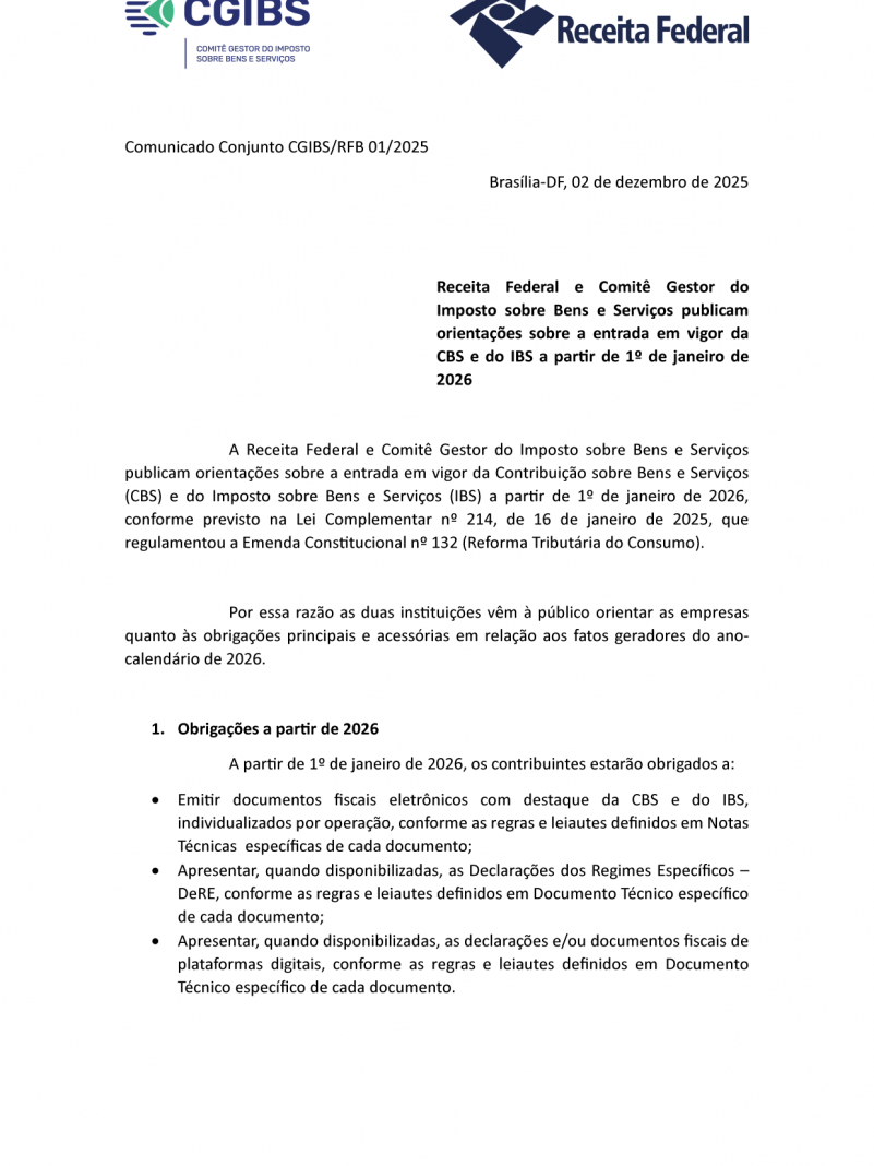 Comunicado Conjunto CGIBS e RFB